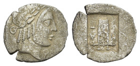 Lycian league. Masicytes (Circa 27-20 BC). AR Hemidrachm (18 mm; 1,36 g). Laureate head of Apollo r. Lyre; in l. field M; in r. field A and trident; a...
