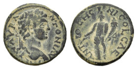 Pisidia, Antioch. Caracalla (198-217). Æ (22,5 mm, 5,5 g). Laureate head r. R/ Genius standing l., holding branch and cornucopiae. SNG Copenhagen 44; ...