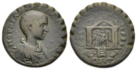 Phoenicia, Berytus. Diadumenian (Caesar, 217-218). Æ (30,97 mm, 19,99 g). Bare head, draped and cuirassed bust r. R/ Statue of Astarte holding standar...