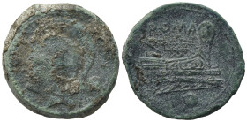 Anonymous, Rome, c. 217-215 BC. Æ Uncia (25,45 mm, 11,27 g). Helmeted head of Roma l. R/ Prow of galley r. Crawford 38/6. About very fine.