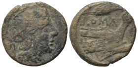 Anonymous (corn ear series), Sicily, 214-212 BC. Æ Uncia (19,11 mm, 5,13 g). Helmeted head of Roma r. R/ Prow r.; above ROMA and corn ear. Crawford 42...