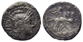 Anonymous, Rome, after 211 BC. AR Sestertius (12,20 mm, 0,9 g). Helmeted head of Roma r. R/ Dioscuri on horseback riding r.; below, ROMA. Crawford 44/...