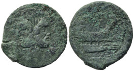 Uncertain, Rome. Æ As (28,76 mm, 14,02 g). Laureate head of Janus. R/ Prow r.; above, uncertain symbol or letter. Good fine.