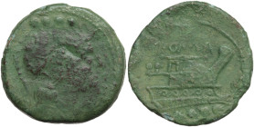 Anonymous, Mint in Etruria (?), 208 BC. Æ Triens (27,6 mm, 14,51 g). Helmeted head of Minerva r.; above, four pellets. R/ Prow of galley r.; above, ho...