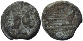 Anonymous (dog series), Rome, 206-195 BC. Æ As (31,65 mm, 29,16 g). Laureate head of bearded Janus. R/ Prow of galley r.; above, hound r; before, I; b...