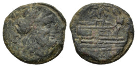 Cn. Baebius Tamphilus, Rome, 194-190 BC. Æ Semis (23,84 mm, 8,80 g). Laureate head of Saturn r. R/ Prow of galley r.; above TAMP ligate; below, ROMA. ...