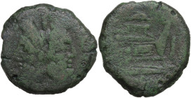 Anonymous (Dolphin series), Rome, 179-170 BC. Æ As (). Laureate head of Janus. R/ Prow of galley r.; above, dolphin; in exergue, ROMA. Crawford 160/1....