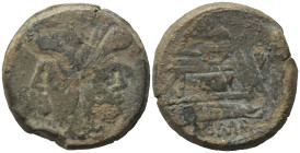 Anonymous (dolphin series), Rome, 179-170 BC. Æ As (31,45 mm, 26,20 g). Laureate head of Janus. R/ Prow of galley r.; above, dolphin; below, ROMA. Cra...