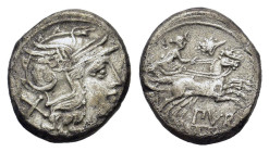 Furius Purpurio, Rome, 169-158 BC. AR Denarius (18,00 mm, 3,75 g). Helmeted head of Roma r. R/ Diana or Luna Lucifera, wearing crescent on head, drivi...