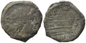 L. Saufeius, Rome, 152 B.C. Æ Semis (23.46 mm, 7.86 g, 5 h). Laureate head of Saturn r. R/ Prow of galley r.; above, crescent and L. SAVF; below, ROMA...
