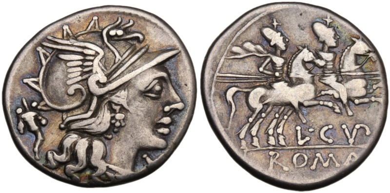 L. Cupiennius, Rome, 147 BC. AR Denarius (18,7 mm, 4 g). Helmeted head of Roma r...