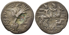 C. Antestius, Rome, 146 BC. Fourée Denarius (19,37 mm, 3,03 g). Helmeted head of Roma r. R/ The Dioscuri, each holding spear, riding r.; below horses,...