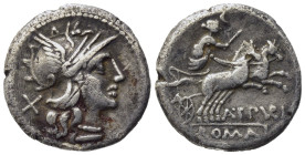 A Spurilius, Rome, 139 BC. AR Denarius (18,10 mm, 3,7 g). Helmeted head of Roma r. R/ Luna in biga r., holding reins and goad; below, ROMA in partial ...