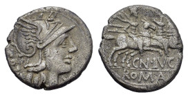 Cn. Lucretius Trio, 136 BC. Denarius (18,00 mm, 3,78 g), Helmeted head of Roma r. R/ Dioscuri riding on horseback r., each holding spear. Crawford 237...