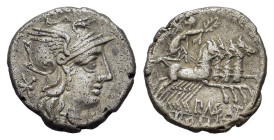 P. Maenius M.f. Antiaticus, Rome, 132 BC. AR Denarius (18,88 mm, 3,83 g). Helmeted head of Roma r. R/ Victory in quadriga r., holding reins, palm-bran...