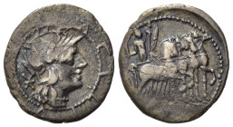 M. Acilius M.f., Rome, 130 BC, AR Denarius (20,05 mm, 3,90 g). Helmeted head of Roma r.; around, legend within two concentric beaded circles. R/ Hercu...