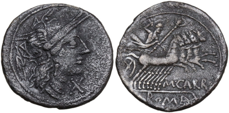 M. Papirius Carbo, Rome, 122 BC. AR Denarius (20 mm, 3,7 g). Helmeted head of Ro...