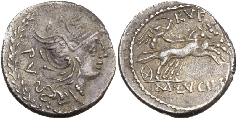 M. Lucilius Rufus, Rome, 101 BC; AR Denarius (18,5 mm, 3,8 g); Helmeted head of ...