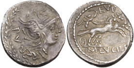 M. Lucilius Rufus, Rome, 101 BC; AR Denarius (18,5 mm, 3,8 g); Helmeted head of Roma r.; behind, PV; all within laurel wreath, Rv. Victory in biga r.,...