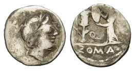 C. Egnatuleius C.f., Rome, 97 BC. AR Quinarius (16mm, 1,6 g). Laureate head of Apollo. R/ Victory standing l., inscribing shield attached to trophy; a...