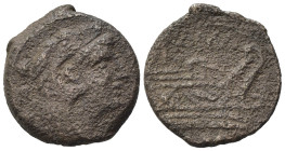 Anonymous, Rome, 91 B.C. Æ Quadrans (16,35 mm, 3,33 g). Head of young Hercules r., wearing lion skin; behind, three pellets. R/ ROMA, prow of galley r...