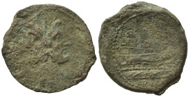 L. Calpurnius Piso L.f. L.n. Frugi, Rome, ca. 90 BC. Æ As (27,22 mm, 12,21 g); Laureate head of Janus. R/ Prow of galley r. on which stands Victory; a...