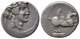 Q. Titius, Rome, 90 BC. AR Denarius (17,13 mm, 4,00 g). Head of Bacchus r., wearing wreath of ivy. R/ Pegasus r. ; below, Q•TITI in linear frame. Craw...