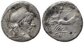 Cn. Cornelius Lentulus Clodianus, Rome, 88 BC. AR Denarius (17,90 mm, 3,85 g). Helmeted bust of Mars r., seen from behind, Rv. Victory in biga r., hol...