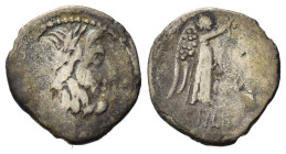 Cn. Cornelius Lentulus, Rome, 88 BC. AR Quinarius (14, 85 mm, 1,51 g). Laureate head of Jupiter r. R/ Victory standing r., crowning trophy; in exergue...
