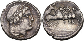 Gar, Ogul, Ver, Rome, 86 BC. AR Denarius (19,5 mm, 3,75 g). Head of Apollo r., wearing oak-wreath; below, thunderbolt. R/ Jupiter in quadriga r., hold...