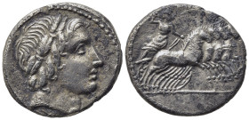 Gar, Ogul, Ver, Rome, 86 BC. AR Denarius (18,21 mm, 3,8 g). Head of Apollo r., wearing oak-wreath; below, thunderbolt. R/ Jupiter in quadriga r., hold...
