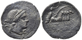 Probably contemporary imitation. Fourrée Denarius (20 mm, 2,6 g). Head of Venus r., wearing diadem. R/ Victory driving quadriga r. For the prototype C...