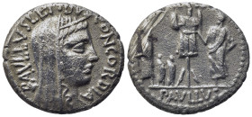 L. Aemilius Lepidus Paullus, Rome, 62 BC. AR Denarius (18,55 mm, 3,81 g). Veiled and diademed head of Concordia r. R/ Trophy; on r., togate figure (L....