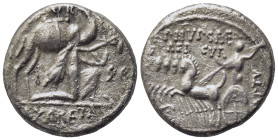 M. Aemilius Scaurus and Pub. Plautius Hypsaeus, Rome, 58 BC. AR Denarius (16,10 mm, 3,8 g). Nabatean king Aretas kneeling r., holding reins and olive ...