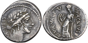Man. Acilius Glabrio, Rome, 49 BC. AR Denarius (19,9 mm, 3,9 g). Laureate head of Salus r. R/ Salus standing l. against column, holding serpent. Crawf...