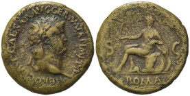 Nero (54-68). Æ Sestertius (35,10 mm, 23,80 g). Rome, AD 65. Laureate head r. R/ Roma helmeted and in military dress, seated l. on cuirass, foot non h...