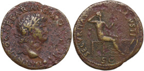 Nero (54-68). Æ Dupondius (29 mm, 13,1 g). Lugdunum, AD 67. Laureate head r. R/ Securitas seated r. on throne, holding sceptre and resting head upon h...