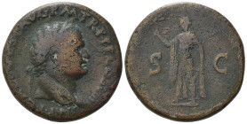 Titus (79-81). Æ Sestertius (32,69 mm, 23,20 g). Rome, AD 80. Laureate head r. R/ Spes advancing l., holding flower and raising skirt. RIC 100. About ...