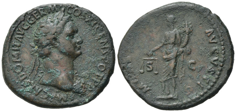 Domitian (81-96). Æ As (28,75 mm, 11,16 g). Rome, AD 85. Laureate bust r., weari...