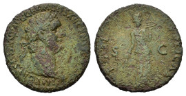 Domitian (81-96). Æ As (27,54 mm, 7,78 g). Rome, AD 86. Laureate head to r., aegis on far shoulder. R/ Fides standing r., holding corn-ears and plate ...