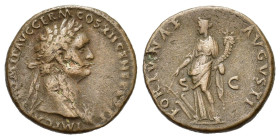 Domitian (81-96). Æ As (27,65 mm, 11,41 g). Rome, AD 88-89. Laureate head r. R/ Fortuna standing l., holding rudder and cornucopiae. RIC 648. Very fin...
