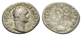 Domitian (81-96). AR Denarius (18,65 mm, 2,82 g). Rome, AD 92-93. Laureate head of Domitian r. R/ Minerva advancing r., brandishing spear and holding ...