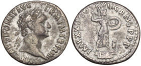 Domitian (81-96). AR Denarius (18 mm, 3,1 g). Rome, AD 95. Laureate head r. R/ Minerva standing r. on capital of rostral column, holding spear and shi...