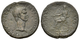Nerva (96-98). Æ Sestertius (33,5 mm, 26,64 g). Rome, AD 97. Laureate head r. R/ Pax seated l. on throne, feet on footstool, holding olive branch, cra...