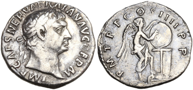 Trajan (98-117). AR Denarius (18,4 mm, 3 g). Rome, 102. Laureate head r. R/ Vict...