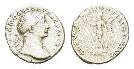 Trajan (98-117). AR Denarius (18, 7 mm, 3 g). Rome, AD 103-111. Laureate bust r., drapery on far shoulder. R/ Victory walking l. over a round shield o...
