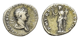 Trajan (98-117). AR Denarius (19 mm, 3 g). Rome, AD 114-117. Laureate and draped bust r. R/ Felicitas standing l., holding caduceus and cornucopiae. R...