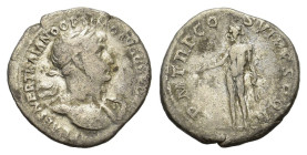 Trajan (98-117). AR Denarius (19,63 mm, 3,17 g). Rome, AD 115-116. Laureate bust r., drapery on far shoulder. R/ Bonus Eventus standing nude l., holdi...