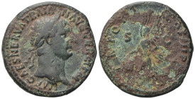 Trajan (98-117). Æ As (28,24 mm, 10,95 g). Rome, AD 101-102. Laureate head r. R/ Victory flying l., holding shield inscribed SP/QR and palm branch. RI...