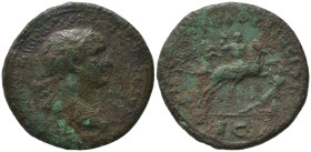 Trajan (98-117). Æ Sestertius (34,94 mm, 23,25 g). Rome, AD 103-107. Laureate bust r., with drapery on l. shoulder. R/ Trajan on horseback r., spearin...